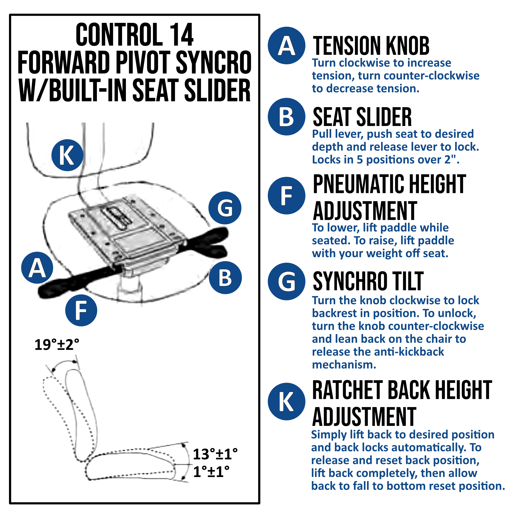 Advanced synchro tilt 14-control with built-in seat slider, tilt lock and ratchet back - Model 82114